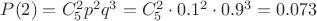 $P(2)=C_5^2p^2q^3=C_5^2\cdot 0.1^2\cdot 0.9^3=0.073$ $P(2)=C_5^2p^2q^3=C_5^2\cdot 0.1^2\cdot 0.9^3=0.073$