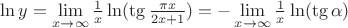 $\ln y=\lim\limits_{x\to\infty}\frac {1} {x} \ln (\tg \frac {\pi x} {2x+1})=-\lim\limits_{x\to\infty}\frac {1} {x} \ln (\tg \alpha)$