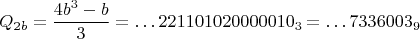 $$Q_{2b}=\frac{4b^3-b}3=\ldots 221101020000010_3=\ldots 7336003_9$$
