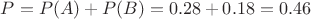 $P=P(A)+P(B)=0.28+0.18=0.46$