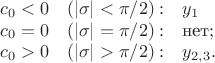 $$   \begin{array}{lll}
      c_0<0&(|\sigma|<\pi/2): & y_1\\
      c_0=0&(|\sigma|=\pi/2): & \mbox{нет};\\
      c_0>0&(|\sigma|>\pi/2): & y_{2,3}.
   \end{array}
$$