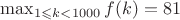 $\max_{1 \leqslant k<1000}{f(k)}=81$