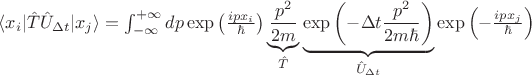 $\langle x_i | \hat{T} \hat{U}_{\Delta t}| x_j\rangle = 
\int_{-\infty}^{+\infty} dp \exp\left(\frac{ipx_i}{\hbar}\right) \underbrace{\frac{p^2}{2m}}_{\hat{T}} 
\underbrace{\exp\left(-\Delta t\frac{p^2}{2m\hbar}\right)}_{\hat{U}_{\Delta t}} \exp\left(-\frac{ipx_j}{\hbar}\right)  
$
