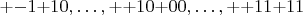 $+{-}1{+}10, \ldots, +{+}10{+}00, \ldots, +{+}11{+}11$