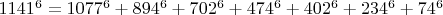 $1141^6=1077^6+894^6+702^6+474^6+402^6+234^6+74^6$
