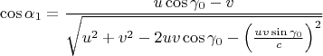 $$
\cos\alpha_1=\frac{u\cos\gamma_0-v}
{\sqrt{u^2+v^2-2uv\cos\gamma_0-\left(\frac{uv\sin\gamma_0}c\right)^2}}
$$