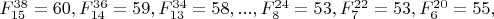 $F^{38}_{15}=60,F^{36}_{14}=59,F^{34}_{13}=58,...,F^{24}_8=53,F^{22}_7=53,F^{20}_6=55,$
