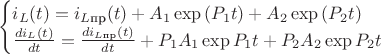 $$\begin{cases}
i_L(t)=i_{L\text{пр}}(t)+A_1 \exp{(P_1t)}+A_2\exp{(P_2t)} \\
\frac{di_L(t)}{dt}=\frac{di_{L\text{пр}}(t)}{dt}+P_1 A_1\exp{P_1t}+P_2A_2\exp{P_2t}\\
\end{cases}$$