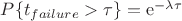 $P\{t_{failure} > \tau \} = {\rm e}^{- \lambda \tau}$