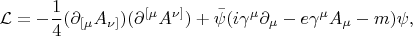 $$\mathcal{L}=-\dfrac{1}{4}(\partial_{[\mu}A_{\nu]})(\partial^{[\mu}A^{\nu]})+\bar{\psi}(i\gamma^\mu\partial_\mu-e\gamma^\mu A_\mu-m)\psi,$$