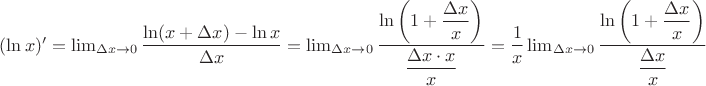 $(\ln x)'= \lim_{\Delta x \rightarrow 0 } \dfrac{\ln (x+\Delta x) - \ln x}{\Delta x} = \lim_{\Delta x \rightarrow 0 } \dfrac{\ln \left(1+\dfrac{\Delta x}{x}\right) } {\dfrac{\Delta x \cdot x}{x}} =  \dfrac1x \lim_{\Delta x \rightarrow 0 }\dfrac{\ln \left(1+\dfrac{\Delta x}{x}\right) } {\dfrac{\Delta x}{x}} $
