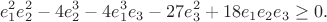 $$e_1^2e_2^2-4e_2^3-4e_1^3e_3-27e_3^2+18e_1e_2e_3\geq0. \tag{2}$$ $$e_1^2e_2^2-4e_2^3-4e_1^3e_3-27e_3^2+18e_1e_2e_3\geq0. \tag{2}$$