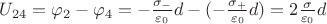 $U_{24} = \varphi_2 - \varphi_4 = -\frac{\sigma_-}{\varepsilon_0}d - (-\frac{\sigma_+}{\varepsilon_0}d) = 2\frac{\sigma}{\varepsilon_0}d$