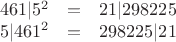 $$
\begin{matrix}
461|5^2 & = & 21|298225 \\
5|461^2 & = & 298225|21
\end{matrix}
$$