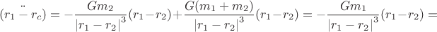 $$\ddot{(r_1-r_c)}=-\frac{Gm_2}{\left|r_1-r_2\right|^3}(r_1-r_2)+\frac{G(m_1+m_2)}{\left|r_1-r_2\right|^3}(r_1-r_2)=-\frac{Gm_1}{\left|r_1-r_2\right|^3}(r_1-r_2)=$$