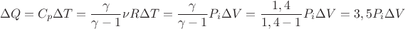 $$\Delta Q=C_p\Delta T=\frac{\gamma}{\gamma-1}\nu R\Delta T=\frac{\gamma}{\gamma-1}P_i \Delta V
=\frac{1,4}{1,4-1}P_i \Delta V=3,5 P_i \Delta V $$