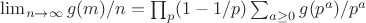 $\lim_{n \to \infty} g(m)/n=\prod_p (1-1/p)\sum_{a\geq 0}g(p^a)/p^a$