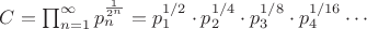 $
C = \prod_{n=1}^\infty p_n^{\frac{1}{2^n}} = p_1^{1/2} \cdot p_2^{1/4} \cdot p_3^{1/8} \cdot p_4^{1/16} \cdots
$