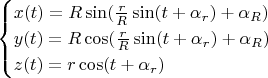 $$
\begin{cases}
x(t)=R \sin (\frac {r}{R} \sin (t+\alpha_r)+\alpha_R)\\
y(t)=R \cos (\frac {r}{R} \sin (t+\alpha_r)+\alpha_R)\\
z(t)=r \cos (t+\alpha_r)
\end{cases}
$$