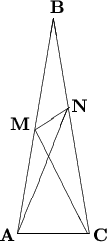 $
\begin{picture}(60,200)
\put(10,10){\line(1,0){40}}
\put(10,10){\line(1,6){20}}
\put(50,10){\line(-1,6){20}}
\put(10,10){\line(2,5){28}}
\put(20,68){\line(1,-2){29}}
\put(20,68){\line(3,2){19}}
\put(0,6){\textbf{A}}
\put(52,6){\textbf{C}}
\put(28,133){\textbf{B}}
\put(6,68){\textbf{M}}
\put(40,78){\textbf{N}}

\end{picture}
$