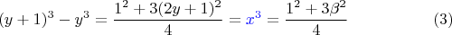 $$(y+1)^3-y^3= \frac {1^2 + 3(2y+1)^2} 4={\color{blue}x^3}=\dfrac {1^2+3\beta^2} 4 \eqno (3)$$