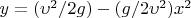 $y=(\upsilon^2 /2g)-(g/2\upsilon^2)x^2$