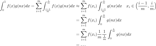 $$\begin{align*}
\int_0^1 f(x)g(nx)dx =\sum\limits_{i=1}^m\int_{\frac{i-1}{m}}^{\frac i m}f(x)g(nx)dx & \approx \sum\limits_{i=1}^m f(x_i)\int_{\frac{i-1}{m}}^{\frac i m}g(nx)dx \quad x_i \in \Big(\dfrac {i-1} {m},\dfrac  i m \Big)\\
& = \sum\limits_{i=1}^m f(x_i)\int_{0}^{\frac 1 m}g(nx)dx\\
& =  \sum\limits_{i=1}^m f(x_i) \dfrac 1 m \dfrac 1 {\frac 1 m}\int_0^{\frac 1 m}g(nx)dx\\
&=\ldots
\end{align*}$$