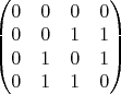 $\begin{pmatrix}
0 & 0 & 0 & 0\\
0 & 0 & 1 & 1\\
0 & 1 & 0 & 1\\
0 & 1 & 1 & 0
\end{pmatrix}$