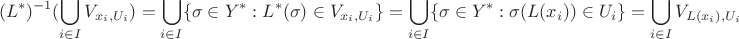 $$(L^*)^{-1} (\bigcup\limits_{i \in I} V_{x_i,U_i}) = \bigcup\limits_{i \in I} \{ \sigma \in Y^* : L^*(\sigma) \in V_{x_i,U_i} \} = \bigcup\limits_{i \in I} \{ \sigma \in Y^* : \sigma(L(x_i)) \in U_i \} = \bigcup\limits_{i \in I} V_{L(x_i),U_i}$$