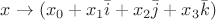 $x \to (x_0 + x_1 \bar{i} + x_2 \bar{j} + x_3 \bar{k})$