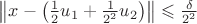 $\bigl\|x-\bigl(\frac12 u_1+\frac1{2^2} u_2\bigr)\bigr\|\leqslant\frac\delta{2^2}$