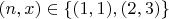 $(n,x) \in \{(1,1), (2,3)\}$
