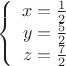 $$ \left\{
\begin{array}{rcl}
x=\frac{1}{2} \\
y=\frac{5}{2} \\
z=\frac{7}{2} \\
\end{array}
\right.$$
