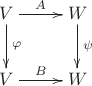 $$
\xymatrix{
    V \ar[r]^-A \ar[d]^-\varphi & W \ar[d]^-\psi \\
    V \ar[r]^-B             & W
}
$$