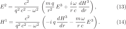 $$\begin{xalignat*}{2}&E^2=\frac{c^2}{q^2\,c^2-\omega^2}\,\left(\frac{m\,q}{r^2}\,E^3+\frac{i\,\omega}{r\,c}\,\frac{dH^3}{dr}\right),&&\qquad\eqno{(13)}\\
&H^1=\frac{c^2}{q^2\,c^2-\omega^2}\,\left(-i\,q\,\frac{dH^3}{dr}-\frac{m\,\omega}{r\,c}\,E^3\right).&&\qquad\eqno{(14)}
\end{xalignat*}$$