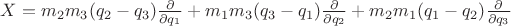 $X=m_2{m_3}(q_2-q_3)\frac{\partial}{\partial{q_1}}+m_1{m_3}(q_3-q_1)\frac{\partial}{\partial{q_2}}+m_2{m_1}(q_1-q_2)\frac{\partial}{\partial{q_3}}$