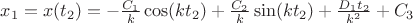$x_1=x(t_2) = - \frac{C_1}{k}   \cos(kt_2)+\frac{C_2}{k}  \sin(kt_2)+\frac{D_1t_2}{k^2}+C_3$