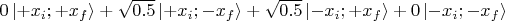 $0\left\lvert +x_i ; +x_f \right\rangle +
\sqrt{0.5}\left\lvert +x_i ; - x_f \right\rangle +
\sqrt{0.5}\left\lvert - x_i ; +x_f \right\rangle +
0\left\lvert - x_i ; - x_f \right\rangle
$