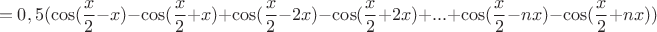 $$=0,5(\cos(\frac{x}{2}-x)- \cos(\frac{x}{2}+x)+\cos(\frac{x}{2}-2x)- \cos(\frac{x}{2}+2x)+...+\cos(\frac{x}{2}-nx)- \cos(\frac{x}{2}+nx))$$