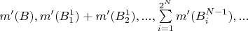 $m'(B),m'(B^1 _1 ) + m'(B^1 _2 ),...,\sum\limits_{i = 1}^{2^N } {m'(B^{N - 1} _i )} ,...$