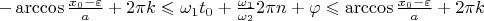 $-\arccos\frac{x_0-\varepsilon}{a} + 2\pi k \leqslant\omega_1 t_0 +  \frac{\omega_1}{\omega_2}2\pi n + \varphi \leqslant \arccos\frac{x_0-\varepsilon}{a} +2\pi k  $