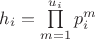 $h_i = \prod\limits_{m=1}^{u_i} p_i^m$