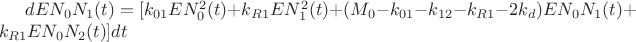 $dE{N_0}{N_1}(t) = [{k_{01}}EN_0^2(t) + {k_{R1}}EN_1^2(t) + ({M_0} - {k_{01}} - {k_{12}} - {k_{R1}} - 2{k_d})E{N_0}{N_1}(t) + {k_{R1}}E{N_0}{N_2}(t)]dt$