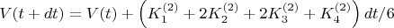 $$ V(t+dt)=V(t)+\left(K_1^{(2)}+2K_2^{(2)}+2K_3^{(2)}+K_4^{(2)} \right)dt/6  $$