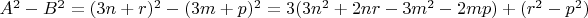 $A^2 - B^2 = (3n+r)^2 - (3m+p)^2 = 3(3n^2 + 2nr - 3m^2 -2mp) + (r^2 - p^2)$