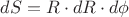 $dS = R\cdot dR\cdot d\phi$