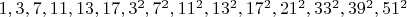 $1, 3, 7, 11, 13, 17, 3^2, 7^2, 11^2, 13^2, 17^2, 21^2, 33^2, 39^2, 51^2$