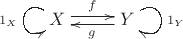 $$
\xymatrix{X\ar@(ul,dl)[]_{1_X}\ar@<0.5ex>[r]^f&Y\ar@(ur,dr)[]^{1_Y}\ar@<0.5ex>[l]^g}
$$