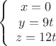 \[\left\{ {\begin{array}{*{20}{c}}
   {x = 0}  \\
   {y = 9t}  \\
   {z = 12t}  \\

 \end{array} } \right.\]