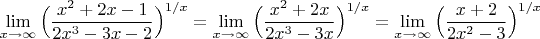 $$\lim\limits_{x\to\infty}\Big(\dfrac{x^2+2x-1}{2x^3-3x-2}\Big)^{1/x}=\lim\limits_{x\to\infty}\Big(\dfrac{x^2+2x}{2x^3-3x}\Big)^{1/x}=\lim\limits_{x\to\infty}\Big(\dfrac{x+2}{2x^2-3}\Big)^{1/x}$$